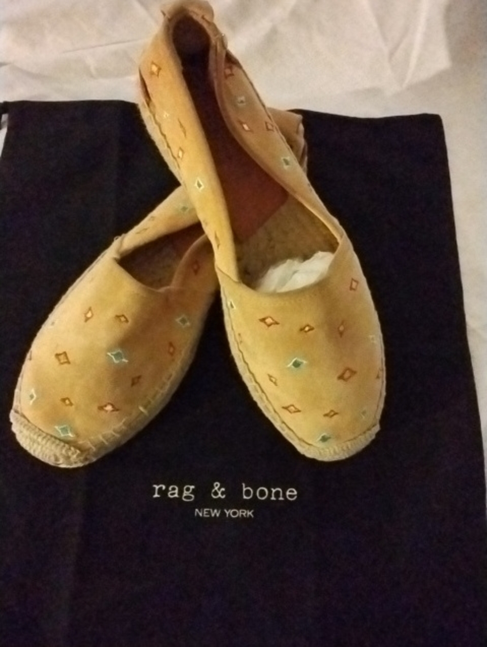 rag & bone Mustard Suede Slip-On Espadrilles with Multicolor Embroidery